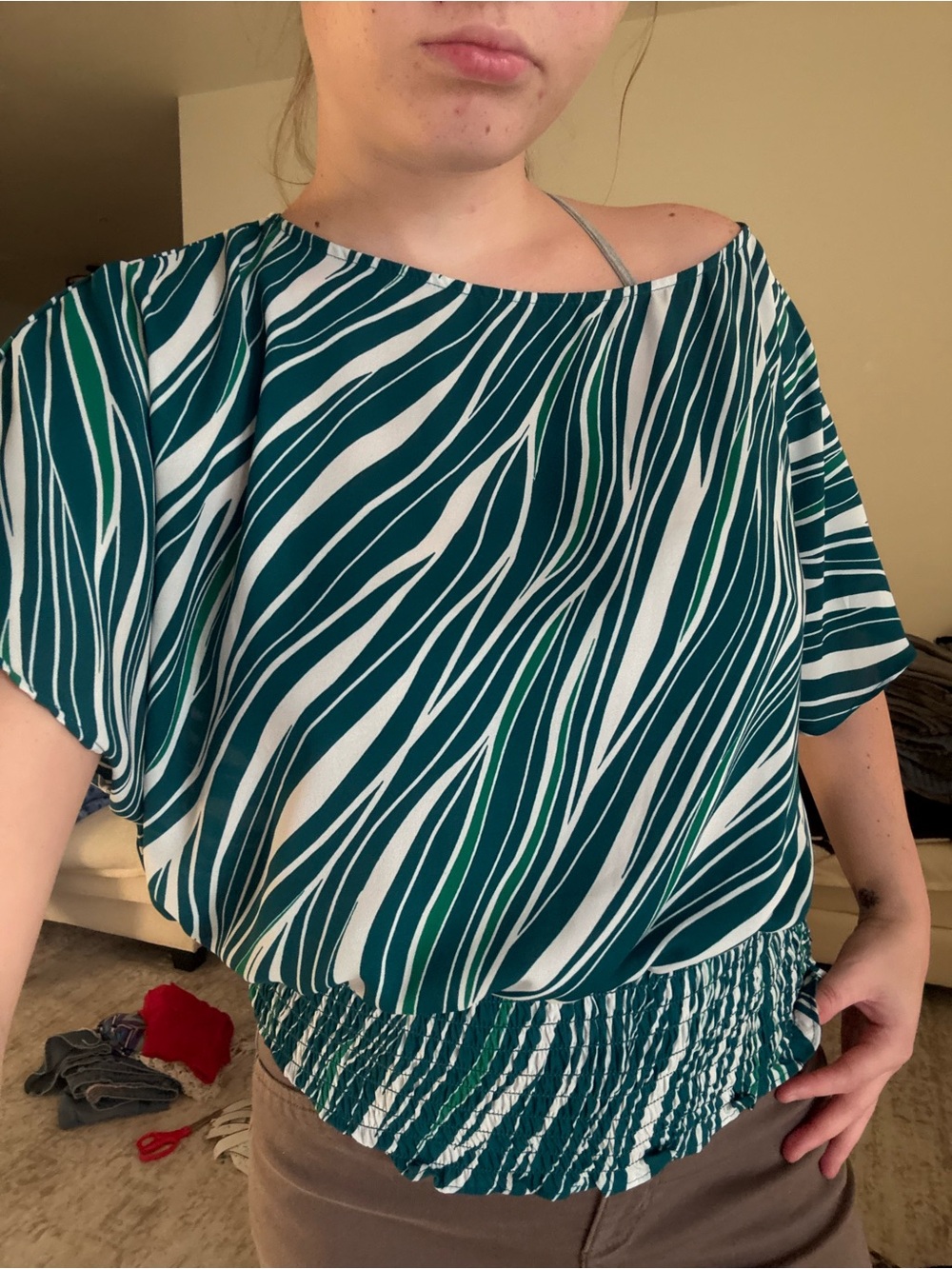 BOLD elements Teal & White Off-Shoulder Zebra-Print Blouse